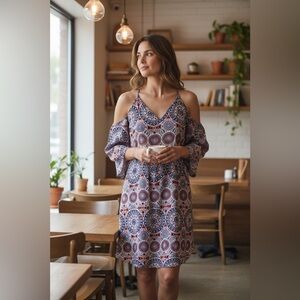 Kelly Renee cold shoulder Chiffon‎ midi sun dress boho bohemian indie style.